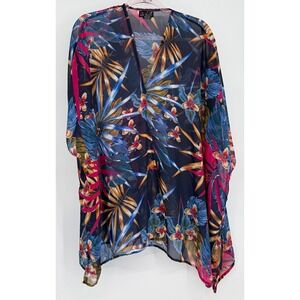 Questions Womens Tropical Floral Mesh Kaftan Top Navy Blue Pink Sz L